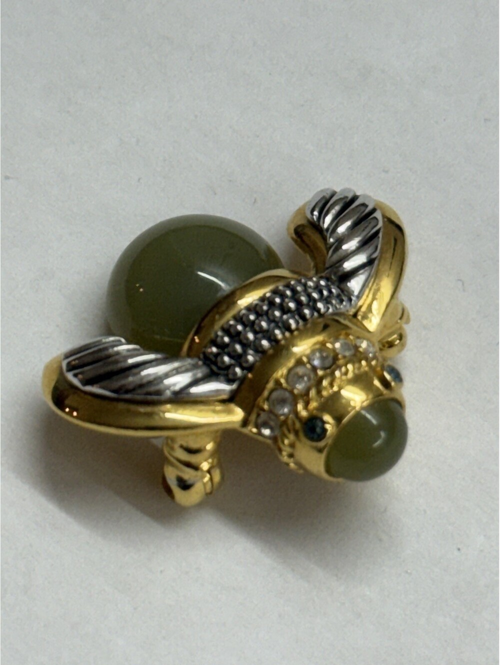 Joan Rivers Jade Lucite DO IT NOW BEE PIN Brooch Crystal Gold Silver Green